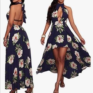 ZESICA - Halter Neck Floral Printed High Low Beach Party Maxi Dress Blue Small